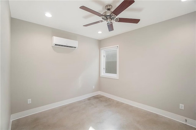 empty room with light colored carpet, a wall mounted air conditioner, and ceiling fan