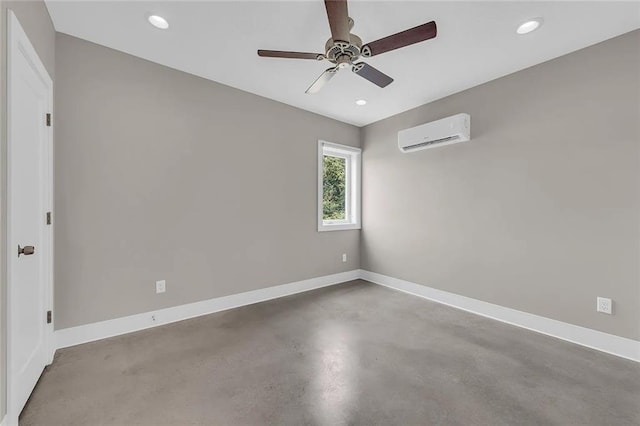 empty room with an AC wall unit, concrete flooring, and ceiling fan