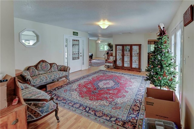 living room with a textured ceiling, hardwood / wood-style flooring, and ceiling fan