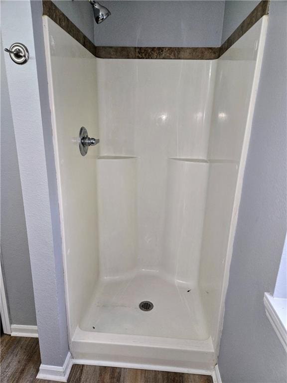 bathroom featuring hardwood / wood-style floors and walk in shower