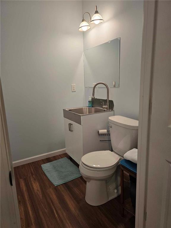 bathroom featuring vanity, toilet, and hardwood / wood-style floors