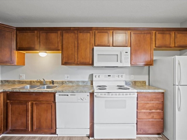 kitchen with sink, light hardwood / wood-style flooring, a textured ceiling, and white appliances