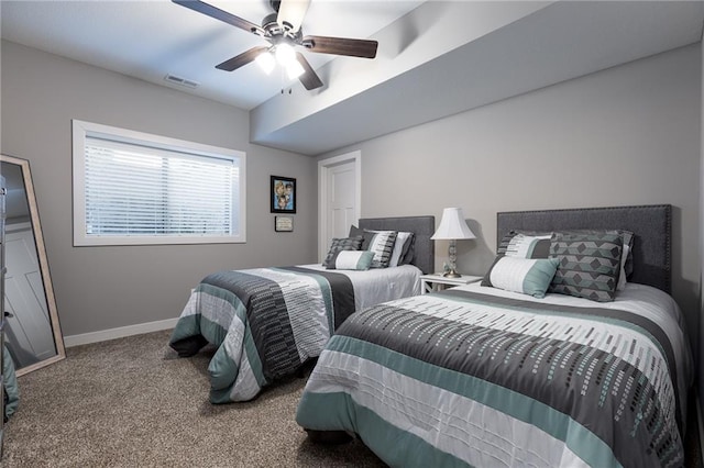 bedroom with ceiling fan and carpet floors