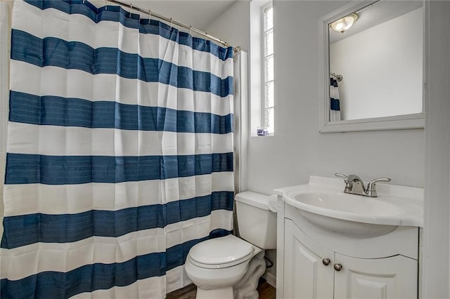 403 S Jackson St, Archie, MO 64725 - full bathroom featuring vanity, wood finished floors, and a shower with shower curtain