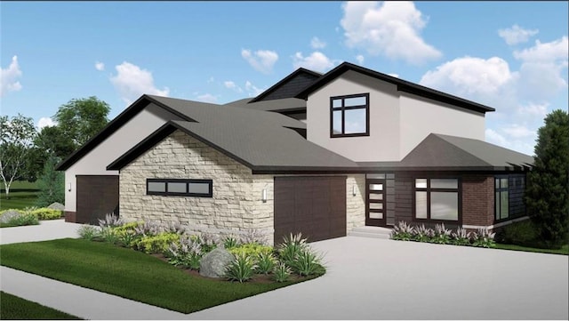 view of front of home featuring a garage, stone siding, concrete driveway, and stucco siding