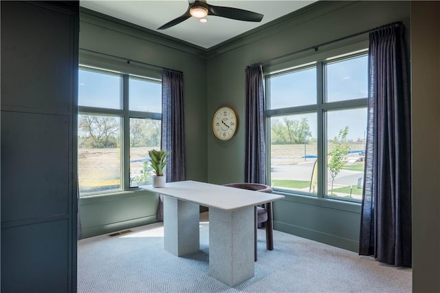 2846 W 133rd Ter, Leawood, KS 66209 - office area featuring light carpet, ceiling fan, plenty of natural light, and crown molding