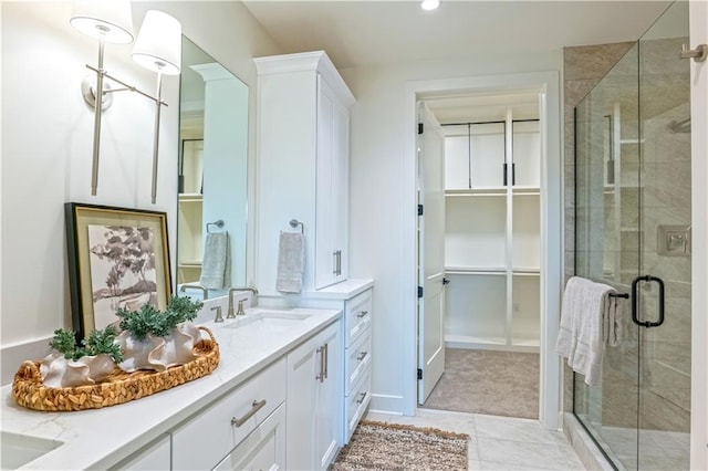 2846 W 133rd Ter, Leawood, KS 66209 - full bathroom with a stall shower, vanity, a walk in closet, tile patterned floors, and recessed lighting