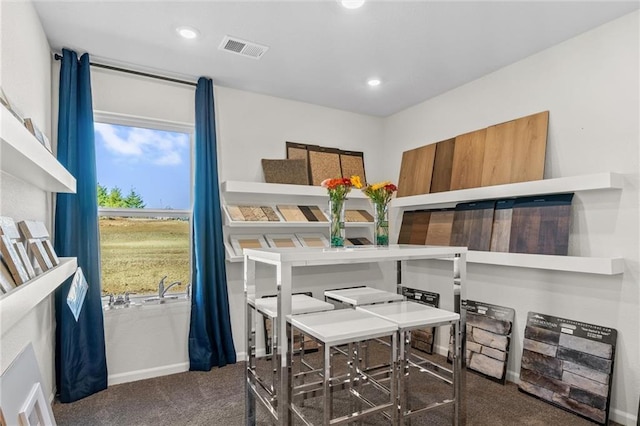 interior space featuring dark colored carpet