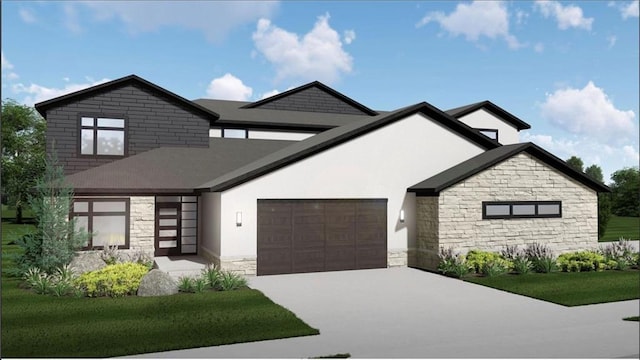 view of front of property with a garage, stone siding, concrete driveway, and stucco siding