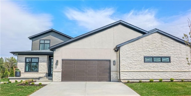 2860 W 133rd Ter, Leawood, KS 66209 - view of front facade with a garage, stucco siding, stone siding, and concrete driveway
