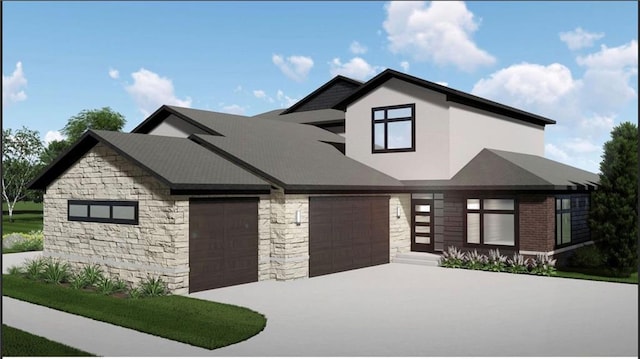 view of front of house with a garage, stone siding, and concrete driveway