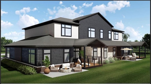 rear view of house featuring a patio area, stone siding, an outdoor fire pit, and a yard