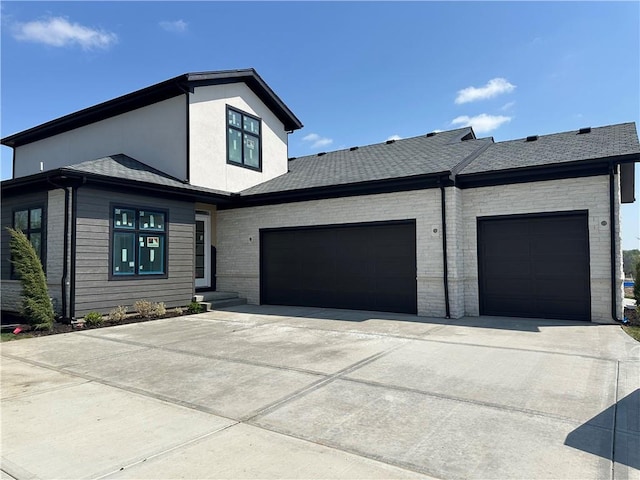 2852 W 133rd Ter, Leawood, KS 66209 - view of front facade with driveway, a garage, a shingled roof, and brick siding