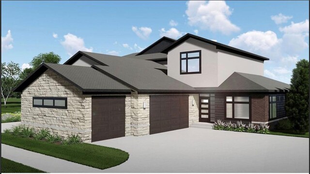 2852 W 133rd Ter, Leawood, KS 66209 - view of front of house with stone siding, a garage, and concrete driveway