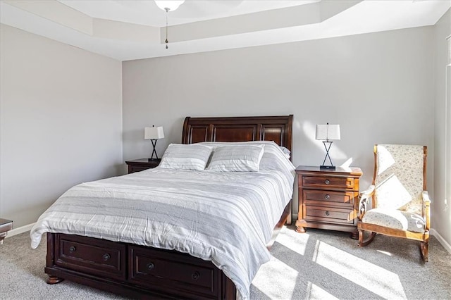 carpeted bedroom with a raised ceiling