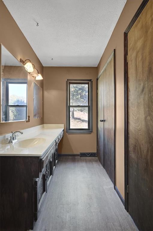 bathroom with vanity, a healthy amount of sunlight, wood-type flooring, and a textured ceiling