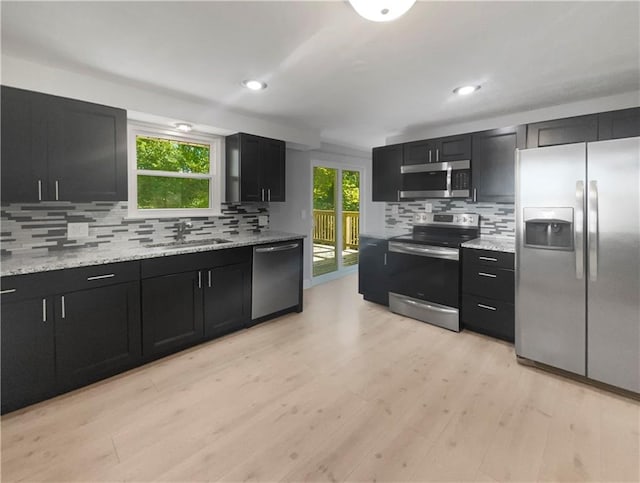 kitchen with light hardwood / wood-style floors, stainless steel appliances, decorative backsplash, and sink