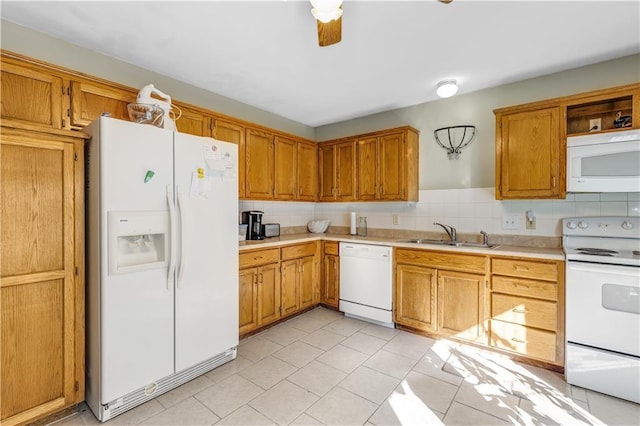 kitchen featuring white appliances, light tile patterned flooring, sink, ceiling fan, and decorative backsplash