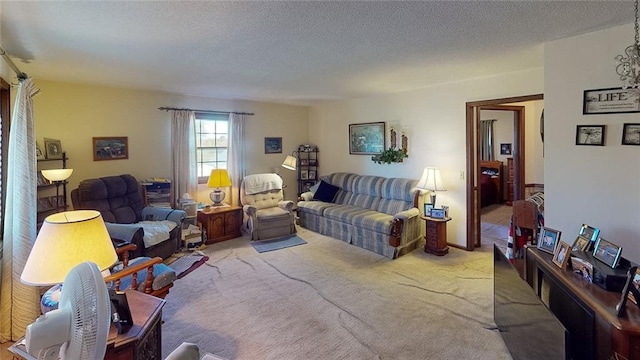 living room with carpet and a textured ceiling