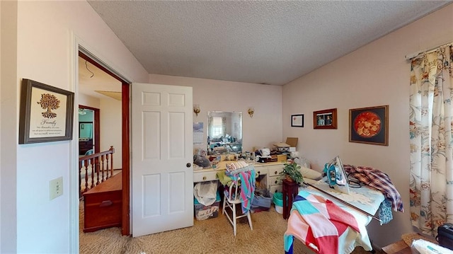 interior space featuring a textured ceiling and carpet floors