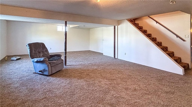 basement with a textured ceiling and carpet