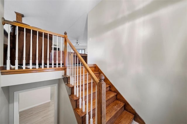 staircase with hardwood / wood-style floors and ceiling fan