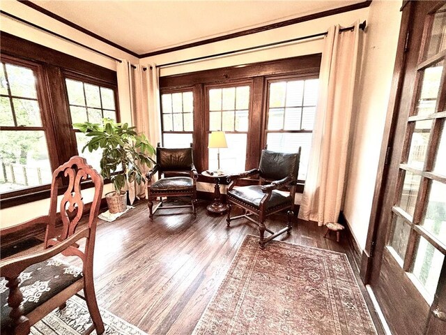 421 W Thompson St, Maryville, MO 64468 - living area with crown molding and dark wood-style floors