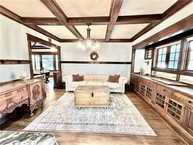 421 W Thompson St, Maryville, MO 64468 - living area with a chandelier, plenty of natural light, coffered ceiling, and beamed ceiling