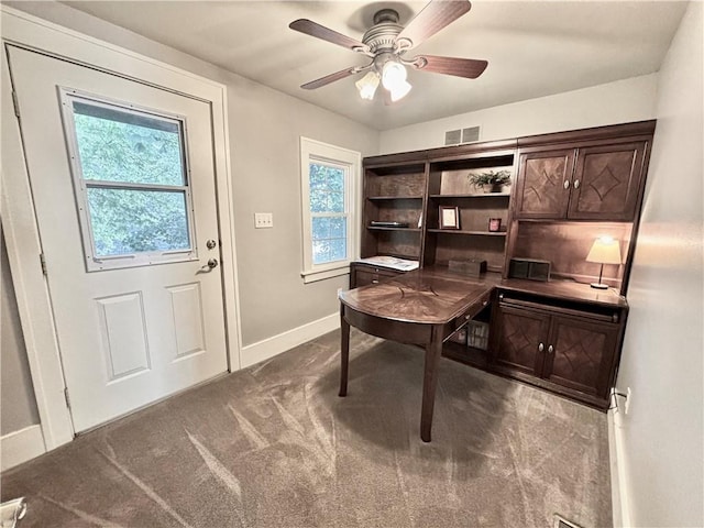 421 W Thompson St, Maryville, MO 64468 - home office featuring baseboards, visible vents, dark carpet, and a healthy amount of sunlight