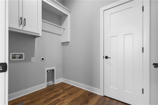 laundry room with cabinets, washer hookup, dark hardwood / wood-style floors, and electric dryer hookup