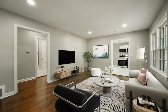 living room with dark wood-type flooring