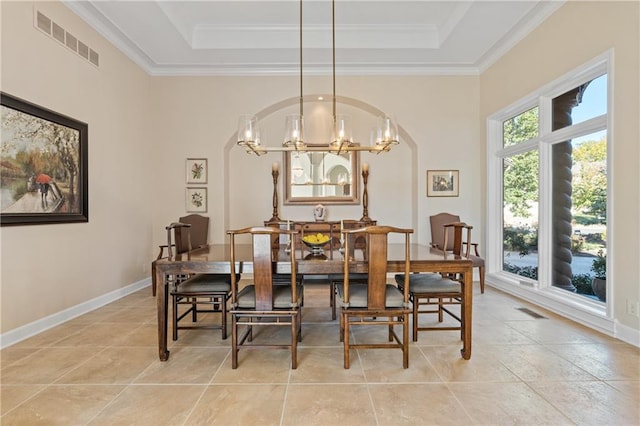 21111 W 95th Ter, Lenexa, KS 66220 - dining space with visible vents, light tile patterned flooring, a chandelier, and a tray ceiling