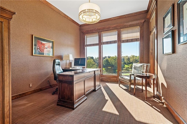 21111 W 95th Ter, Lenexa, KS 66220 - office area featuring ornamental molding, wallpapered walls, dark colored carpet, and baseboards