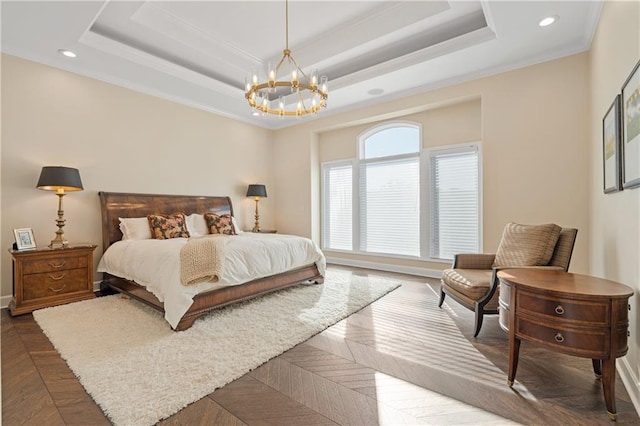 21111 W 95th Ter, Lenexa, KS 66220 - bedroom with recessed lighting, ornamental molding, an inviting chandelier, and a tray ceiling