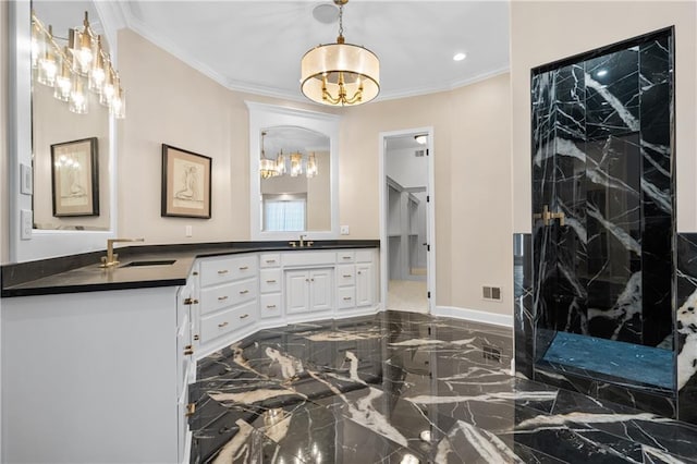21111 W 95th Ter, Lenexa, KS 66220 - full bath with a sink, ornamental molding, an inviting chandelier, and marble finish floor