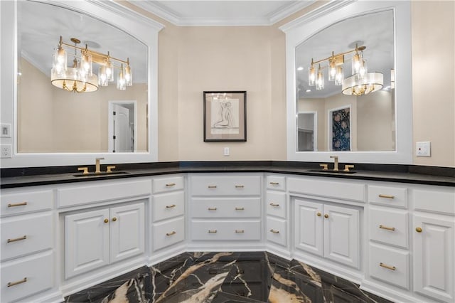 21111 W 95th Ter, Lenexa, KS 66220 - full bath with a chandelier, vanity, crown molding, and marble finish floor