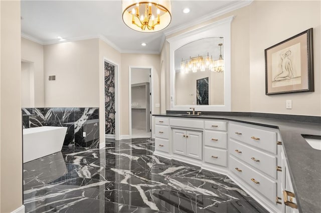 21111 W 95th Ter, Lenexa, KS 66220 - bathroom featuring an inviting chandelier, ornamental molding, vanity, a freestanding bath, and marble finish floor