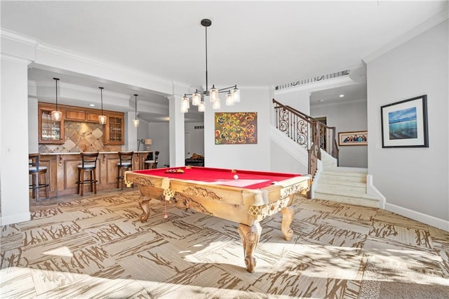 21111 W 95th Ter, Lenexa, KS 66220 - playroom with baseboards, carpet, billiards, wet bar, and crown molding