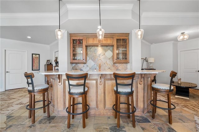 21111 W 95th Ter, Lenexa, KS 66220 - bar with pendant lighting, decorative backsplash, ornamental molding, and wet bar