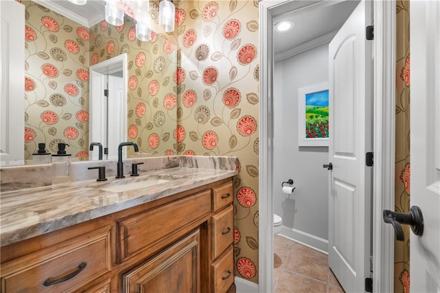 21111 W 95th Ter, Lenexa, KS 66220 - bathroom with toilet, vanity, ornamental molding, and wallpapered walls