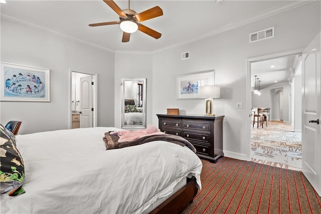 21111 W 95th Ter, Lenexa, KS 66220 - carpeted bedroom with visible vents, ceiling fan, ornamental molding, and baseboards