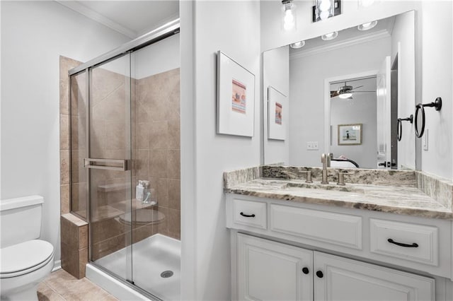 21111 W 95th Ter, Lenexa, KS 66220 - full bath featuring ornamental molding, a stall shower, toilet, and ceiling fan