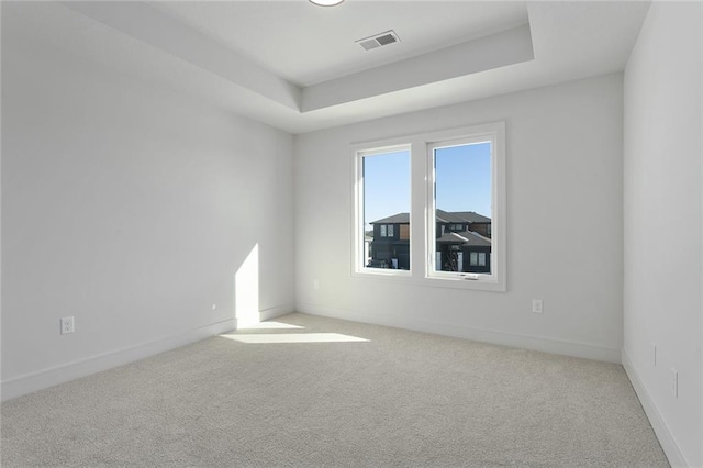 unfurnished room with light colored carpet and a raised ceiling