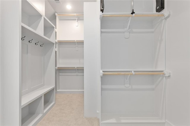 spacious closet featuring light colored carpet