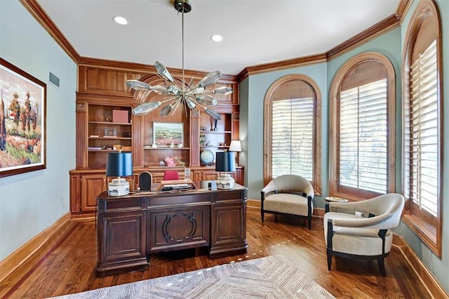 home office featuring crown molding and dark hardwood / wood-style flooring