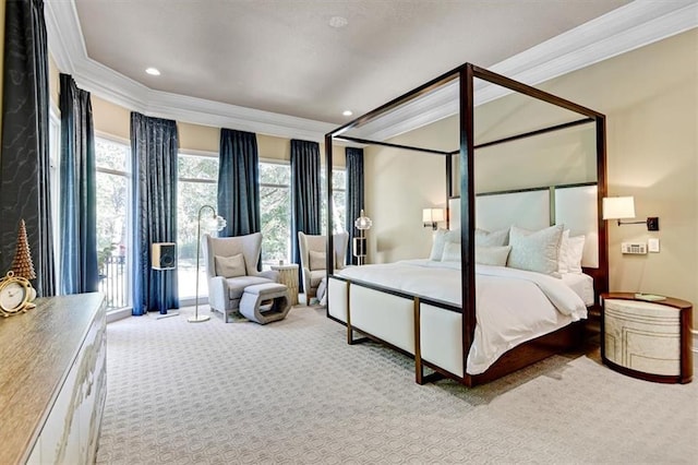 carpeted bedroom with crown molding and access to exterior