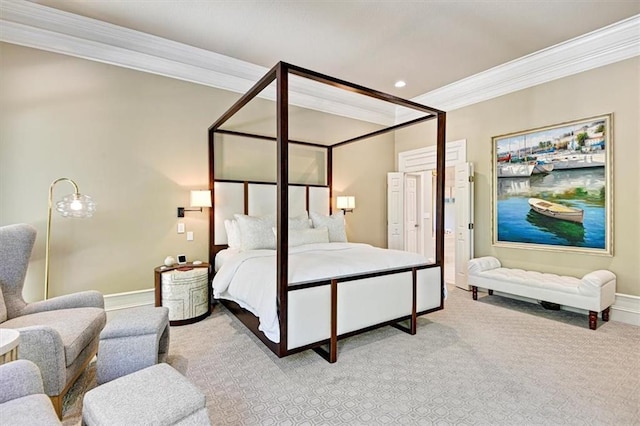 bedroom featuring light carpet and crown molding