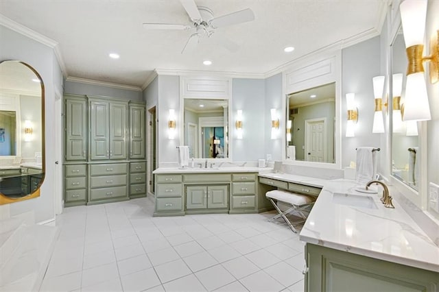 bathroom with vanity, ornamental molding, tile patterned floors, and ceiling fan