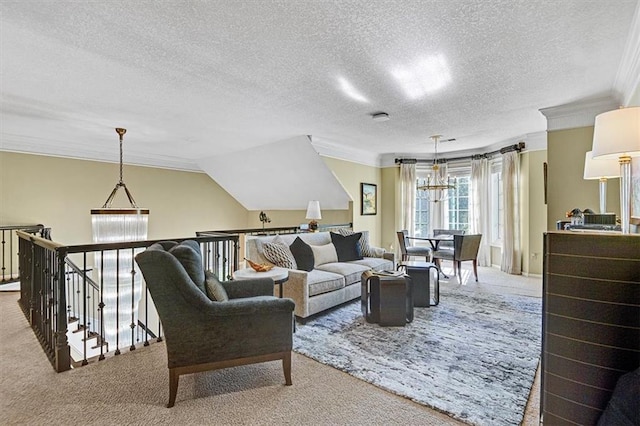 living room featuring light carpet, crown molding, a textured ceiling, and an inviting chandelier