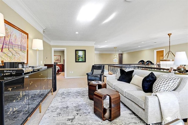 carpeted living room featuring crown molding